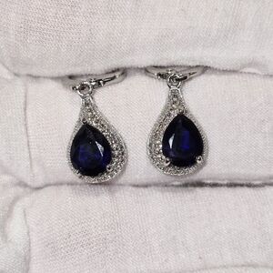 Pear Shaped Faux Sapphire Cubic Zirconia Silver Tone Fashion Dangle Earrings